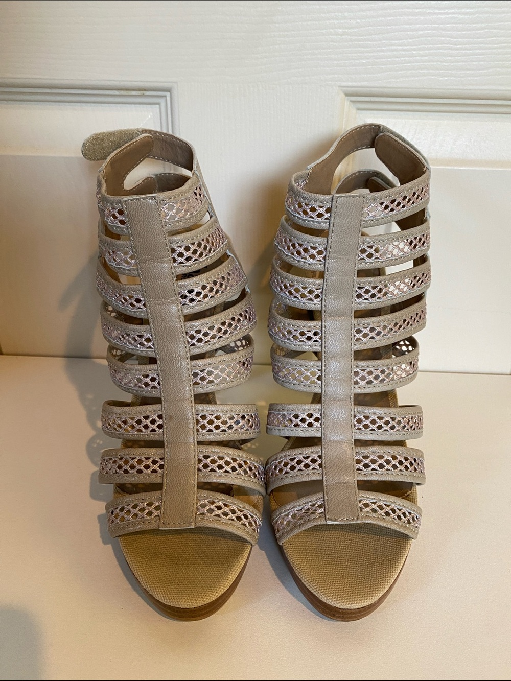 Charles By Charles David Taupe Beige Strappy Cage Heeled Sandals